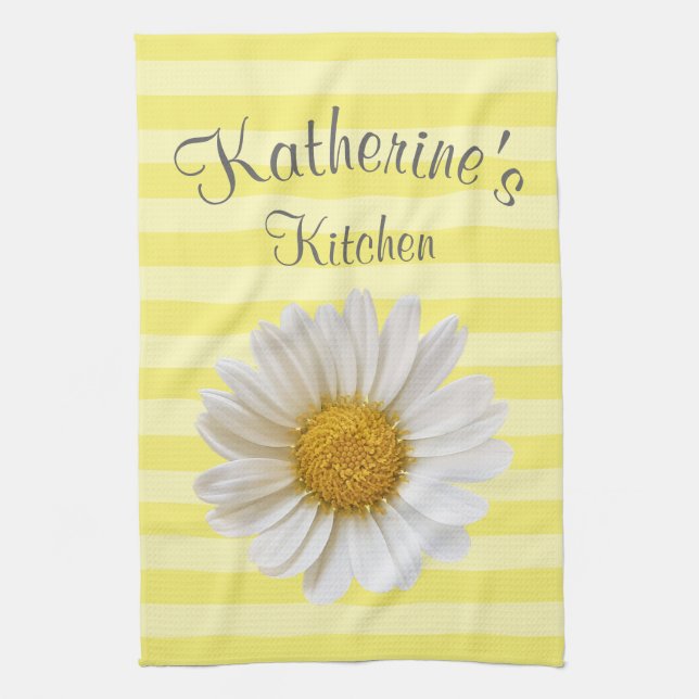 White Daisy Personalized Yellow Striped Kitchen Towel (Vertical)