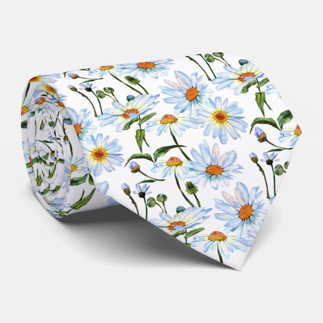 White Daisy Print Pattern Neck Tie (Rolled)