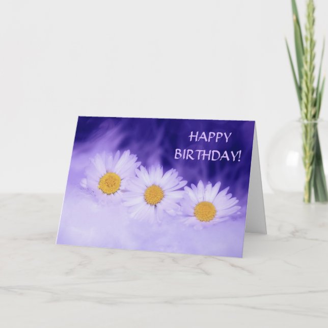 White Daisy Purple Happy Birthday Card (Front)