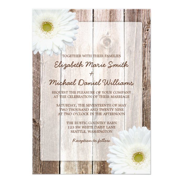 White Daisy Rustic Barn Wood Wedding Invitations