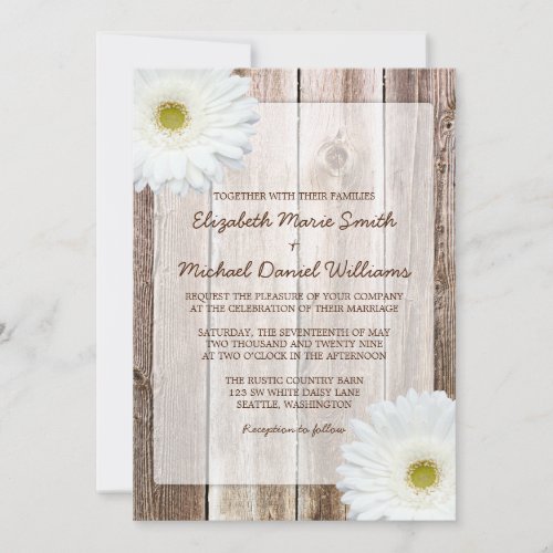 White Daisy Rustic Barn Wood Wedding Invitations