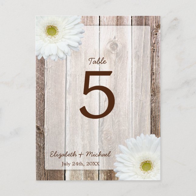 White Daisy Rustic Barn Wood Wedding Table Number (Front)