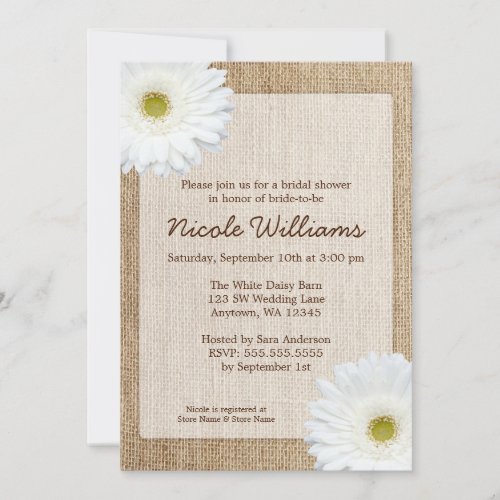 White Daisy Rustic Burlap Bridal Shower Personalized Invitations