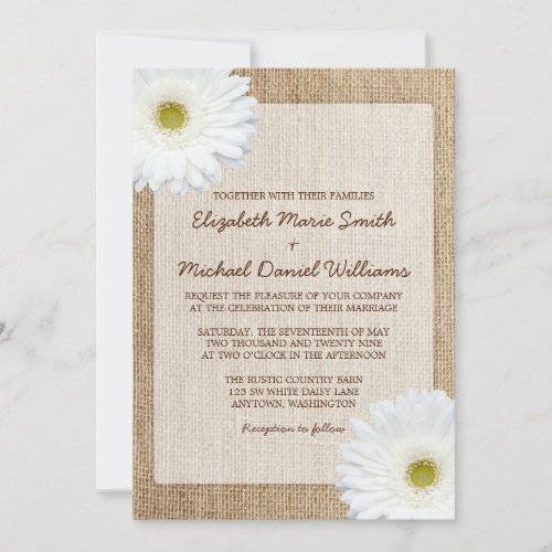 White Daisy Rustic Burlap Wedding Invitations