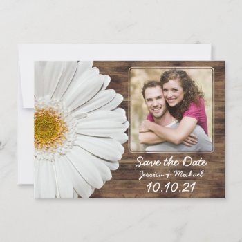 White Daisy Rustic Wood Photo Wedding Save Date Announcement by wasootch at Zazzle