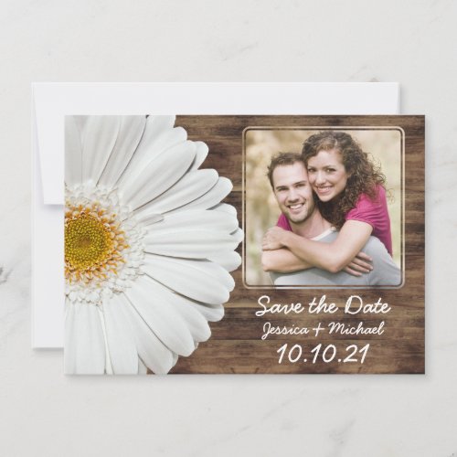 White Daisy Rustic Wood Photo Wedding Save Date Announcement