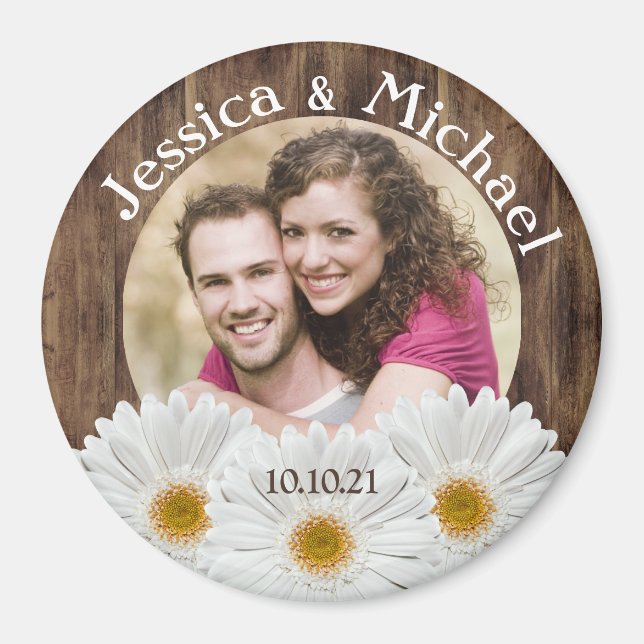 White Daisy Rustic Wood Photo Wedding Save Date Magnet (Front)