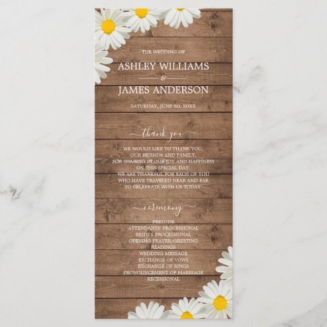 White Daisy Rustic Wood Wedding Program (Front)