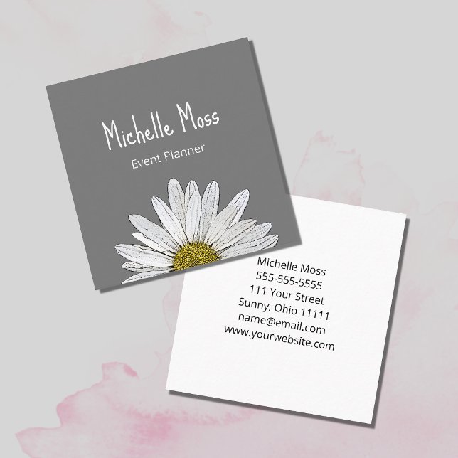 White Daisy Simple Botanical Gray  Square Business Card (Creator Uploaded)