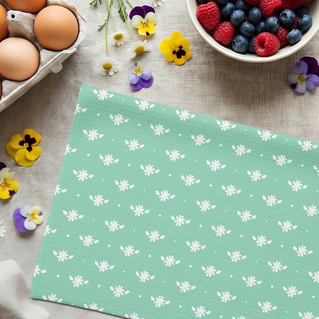 White Daisy Simple Floral Spring Pattern Green Kitchen Towel (Creator Uploaded)