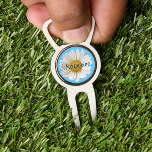 White Daisy Sky Blue Background Custom Name Divot Tool