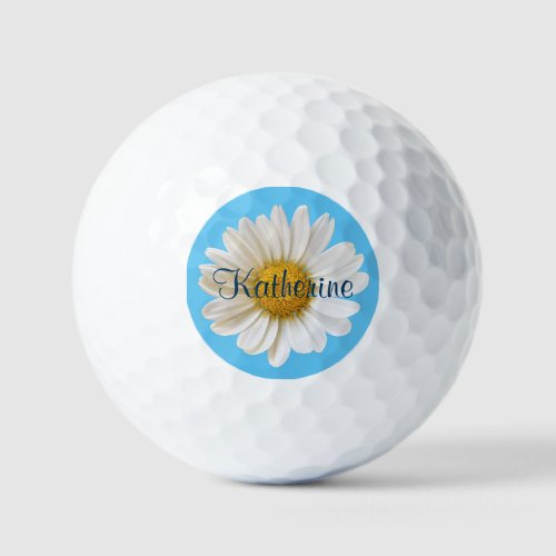 White Daisy Sky Blue Background Custom Name Golf Balls