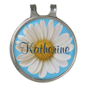 White Daisy Sky Blue Background Custom Name Golf Hat Clip