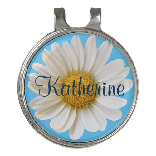 White Daisy Sky Blue Background Custom Name Golf Hat Clip