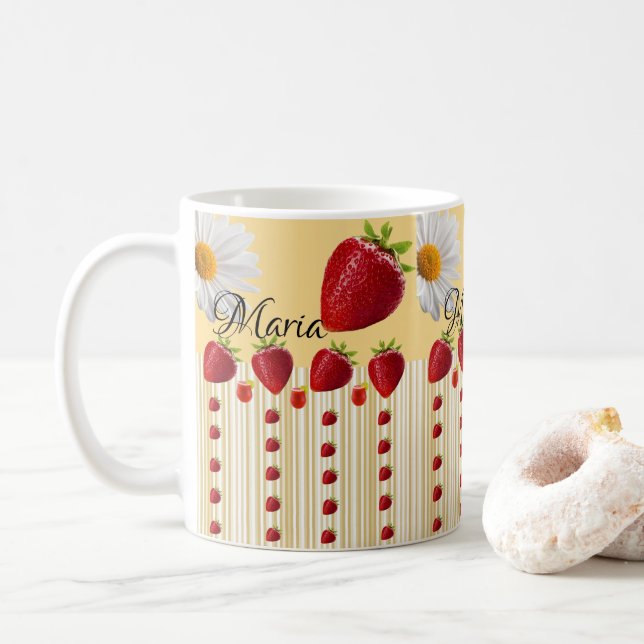 White Daisy Strawberry Stripe Mug (With Donut)