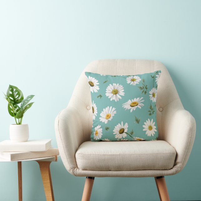 White Daisy Teal Background Pattern Throw Pillow (Chair)