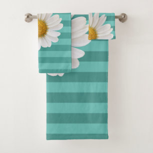 White Daisy Teal Striped Personalized Bath Towel Set
