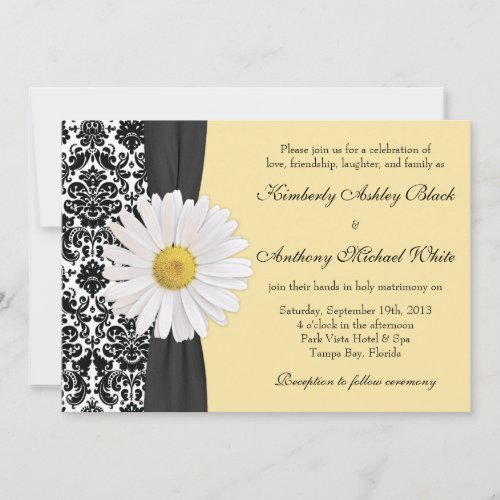 White Daisy Vintage Damask Wedding Invitation
