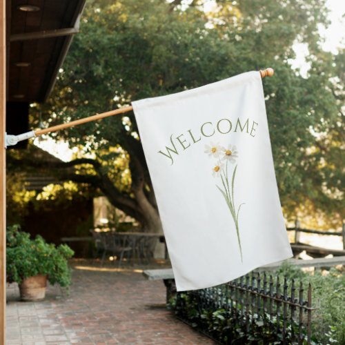 White Daisy Watercolor Welcome  House Flag