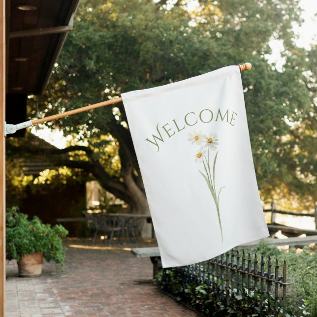 White Daisy Watercolor Welcome  House Flag (In SItu)