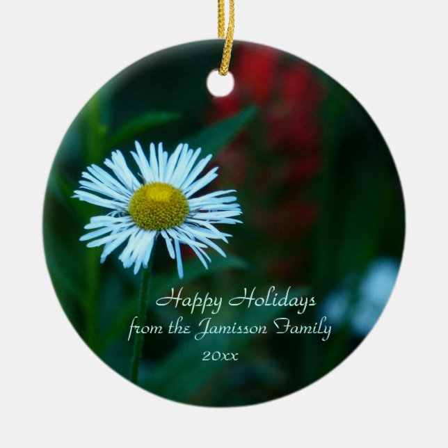 White Daisy Wildflower Christmas Ornament, Round Ceramic Ornament (Front)