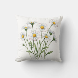White Daisy Wildflower Watercolor Floral Throw Pillow