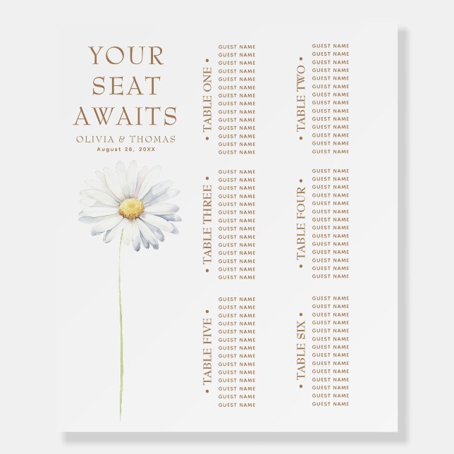 White Daisy Wildflowers Wedding Seating Chart Foam Board (Front)