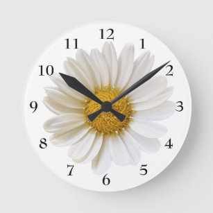 White Daisy with Black Numbers Round Clock