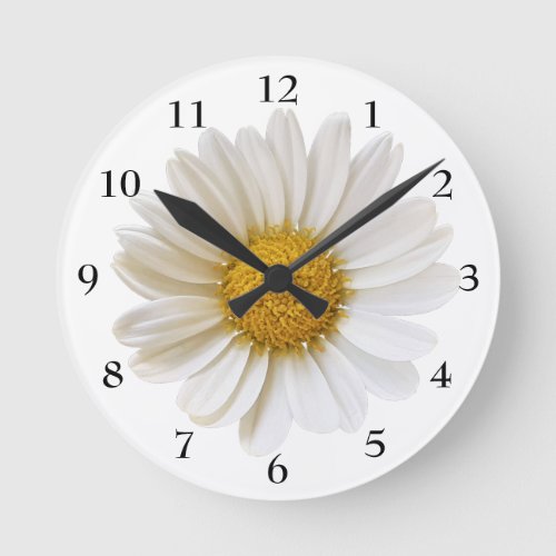 White Daisy with Black Numbers Round Clock