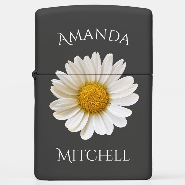 White Daisy with Custom Name Floral Zippo Lighter (Front)