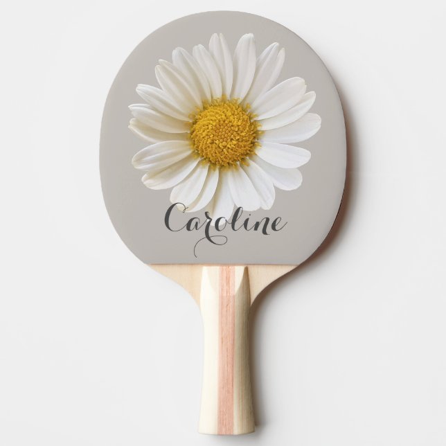 White Daisy with Custom Name Gray Ping Pong Paddle (Front)