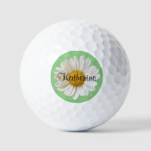 White Daisy with Custom Name on Sage Background Golf Balls