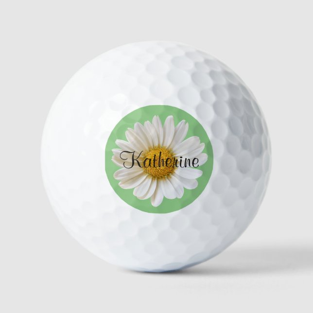 White Daisy with Custom Name on Sage Background Golf Balls (Front)