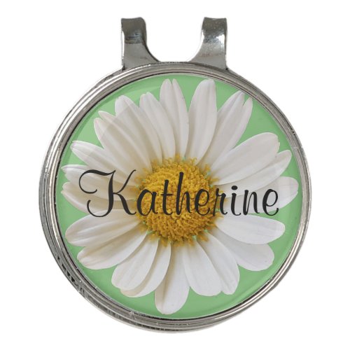 White Daisy with Custom Name on Sage Background Golf Hat Clip