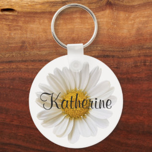 White Daisy with Custom Name White Keychain