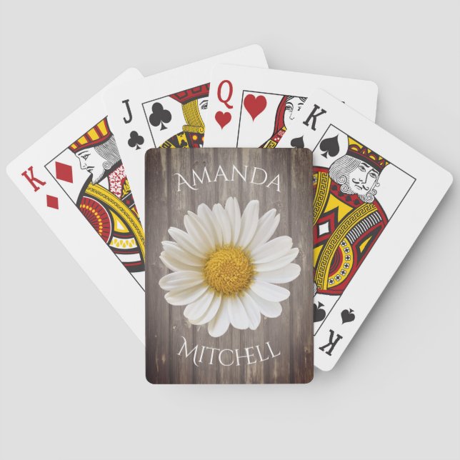White Daisy Worn Wood Name Poker Cards (Back)