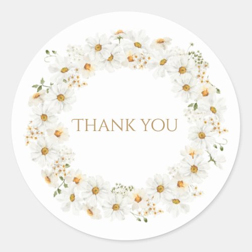 White Daisy Wreath Watercolor Pretty Thank You Classic Round Sticker