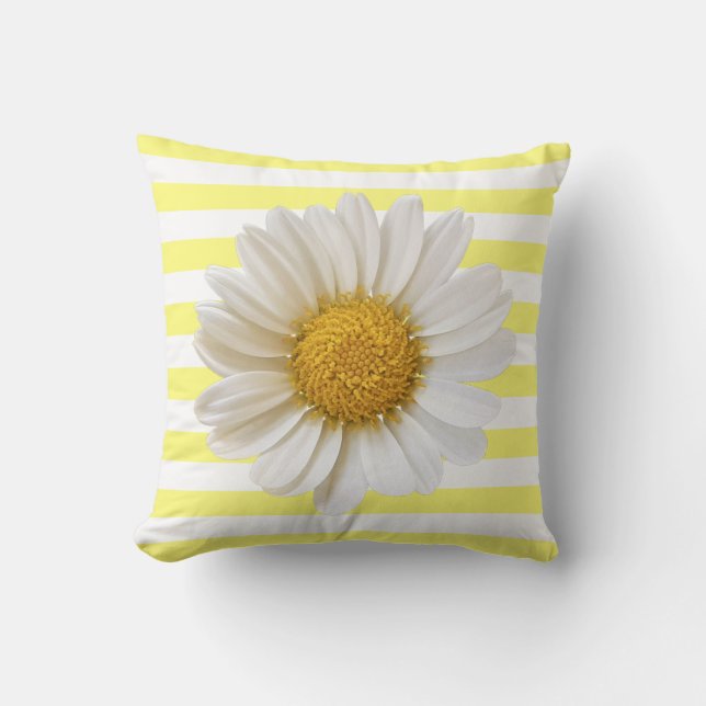 White Daisy Yellow and White Striped Throw Pillow (Front)
