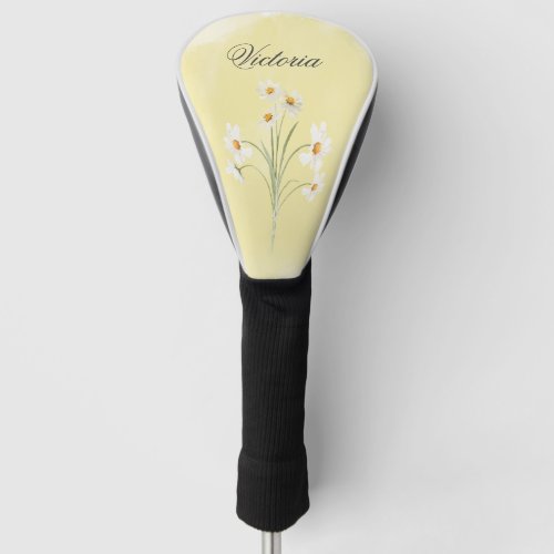 White Daisy Yellow Floral Watercolor Name Golf Head Cover