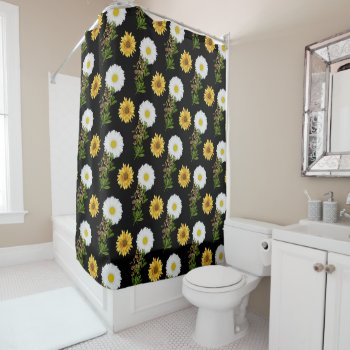 White Daisy Yellow Sunflower Black Shower Curtain by Susang6 at Zazzle