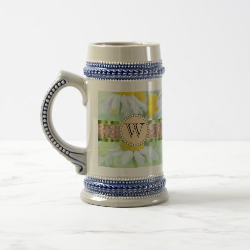 White Daisys in Green Meadow Monogram Beer Stein