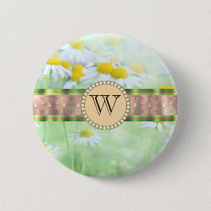White Daisy's in Green Meadow Monogram Button