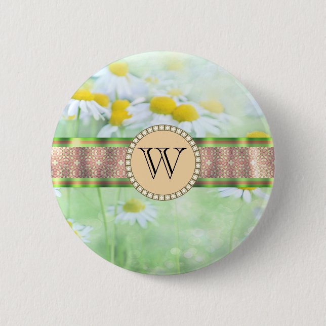 White Daisy's in Green Meadow Monogram Button (Front)