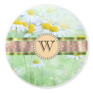 White Daisy's in Green Meadow Monogram Ceramic Knob