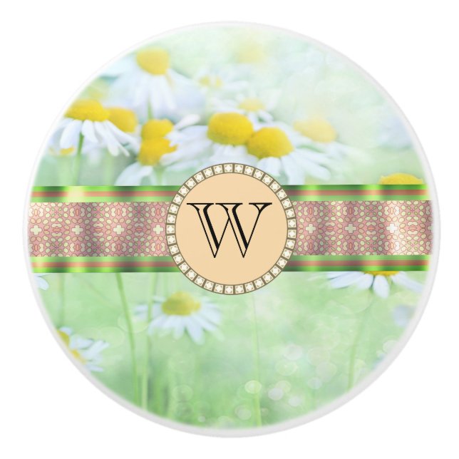 White Daisy's in Green Meadow Monogram Ceramic Knob (Front)