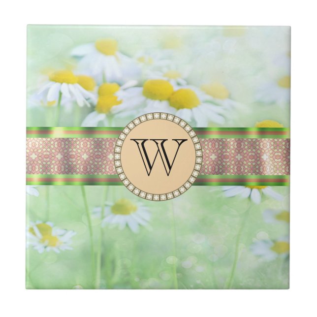 White Daisy's in Green Meadow Monogram Ceramic Tile (Front)