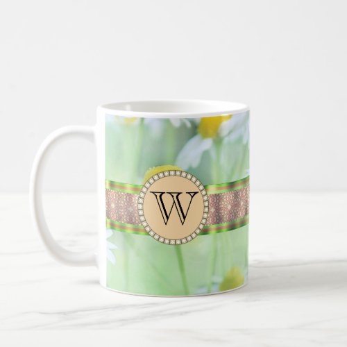 White Daisys in Green Meadow Monogram Coffee Mug
