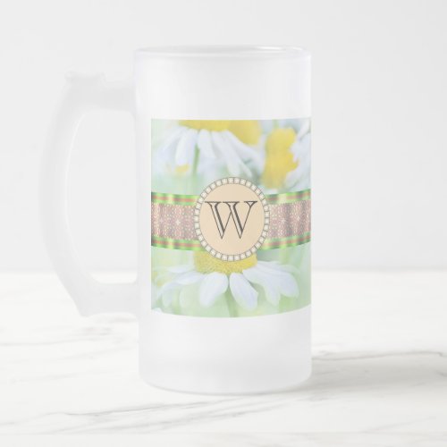 White Daisys in Green Meadow Monogram Frosted Glass Beer Mug