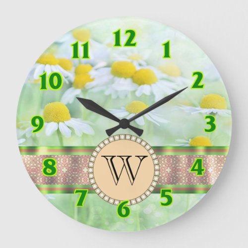 White Daisys in Green Meadow Monogram Large Clock
