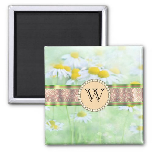 White Daisys in Green Meadow Monogram Magnet